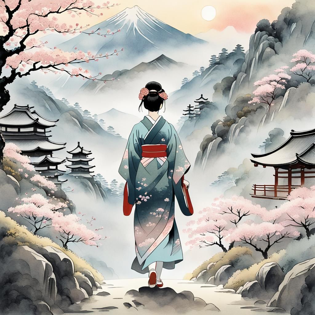 Woman in Kimono: Ukiyo-e Style Mountain Pass