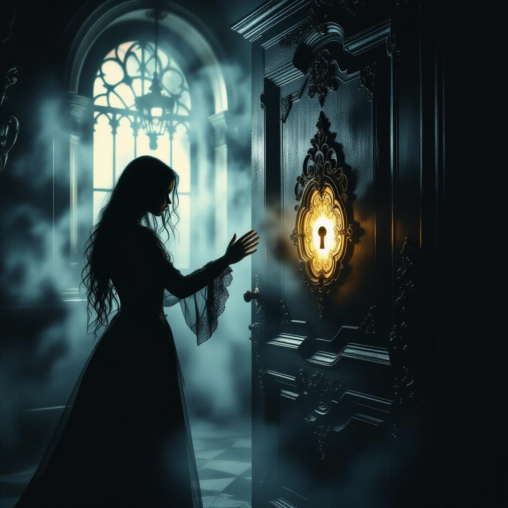 Shadowy Figure Reaches for Glowing Lock in Gothic Interior