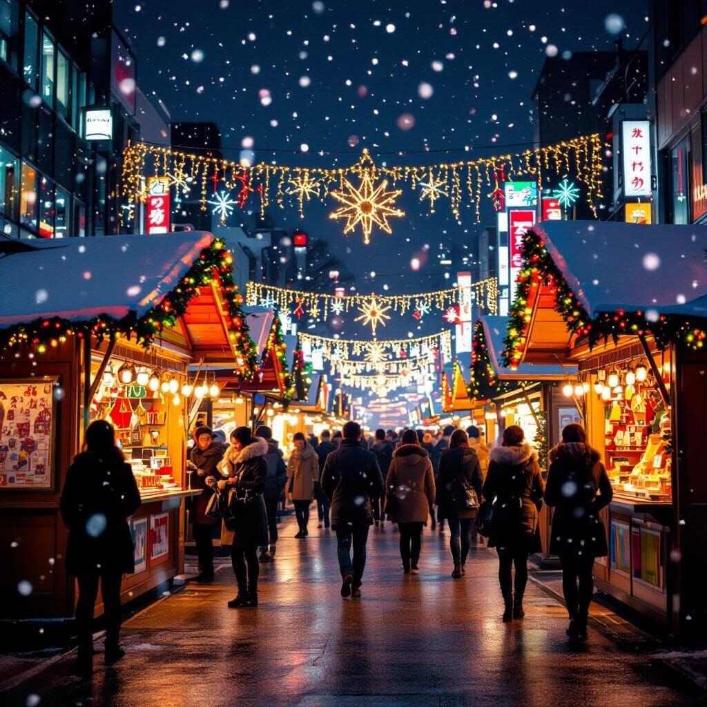Bustling Tokyo Christmas Market at Night