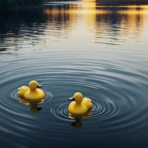 Serene Sunset Lake Scene with Rubber Ducks in Warm Golden Li...