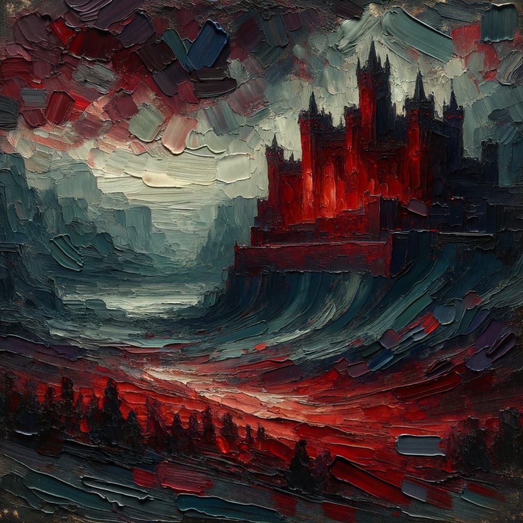 Deep Red Castle in Moody Landscape