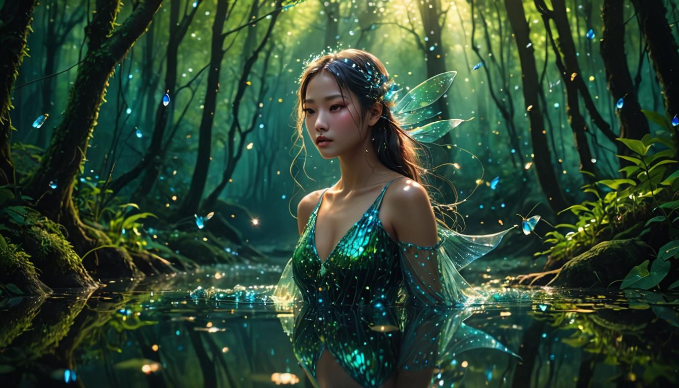 Glass Siren in Forest with Fairies