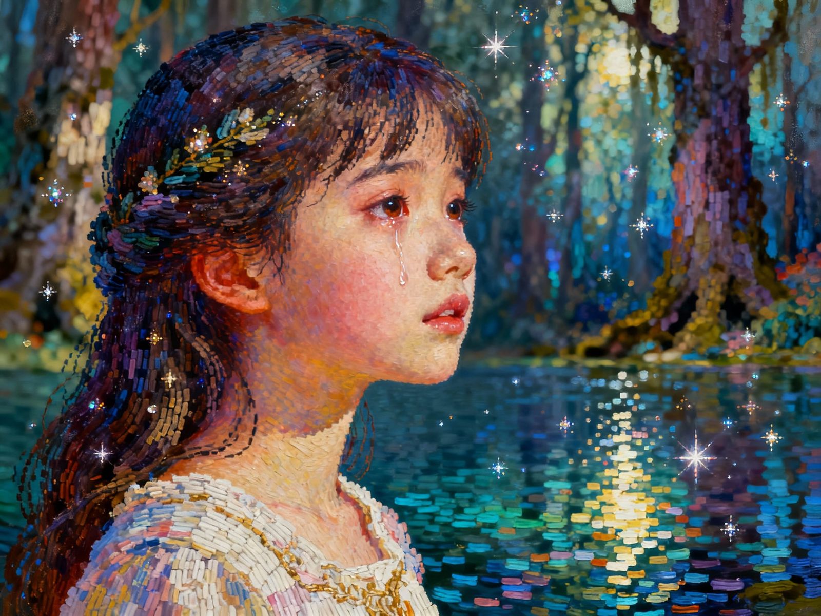 Mysterious Forest Lake Scene With Crying Girl