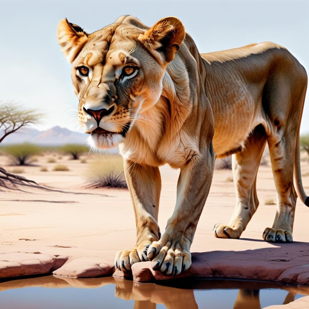 Hyperrealistic Lioness Portrait at Desert Waterhole