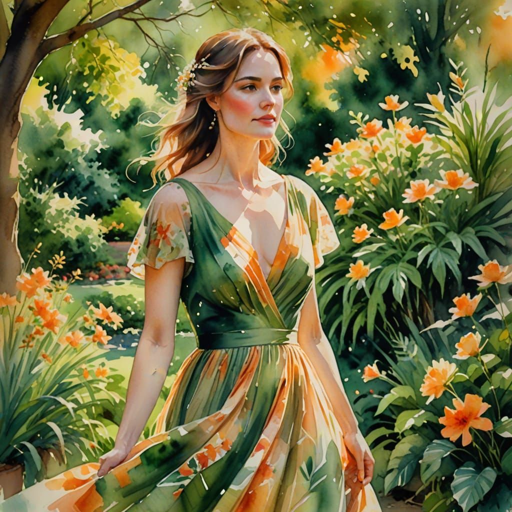 Elegant Woman in Garden, Impressionistic Watercolor Portrait