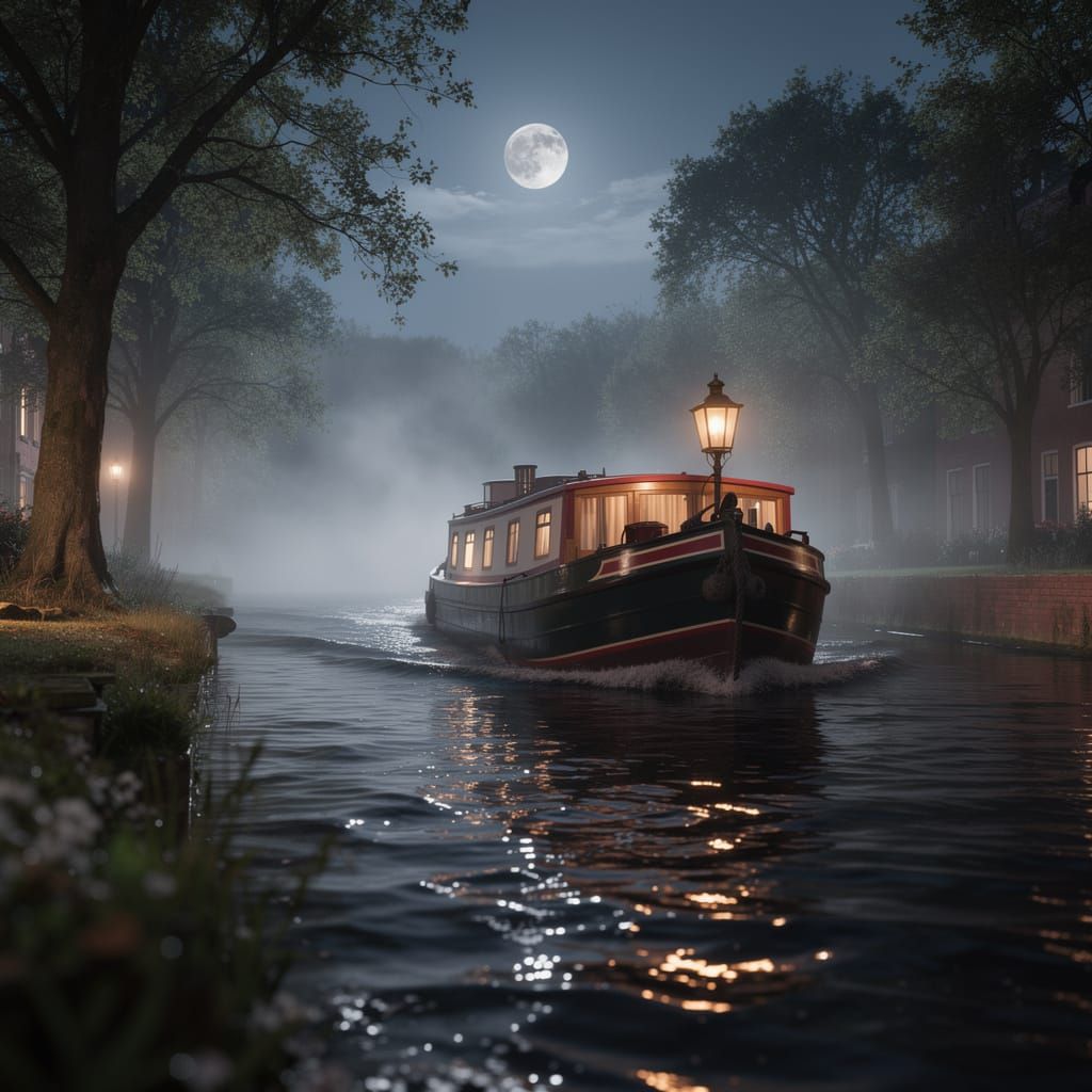 Misty Moonlit Canal Boat with Warm Lantern Glow