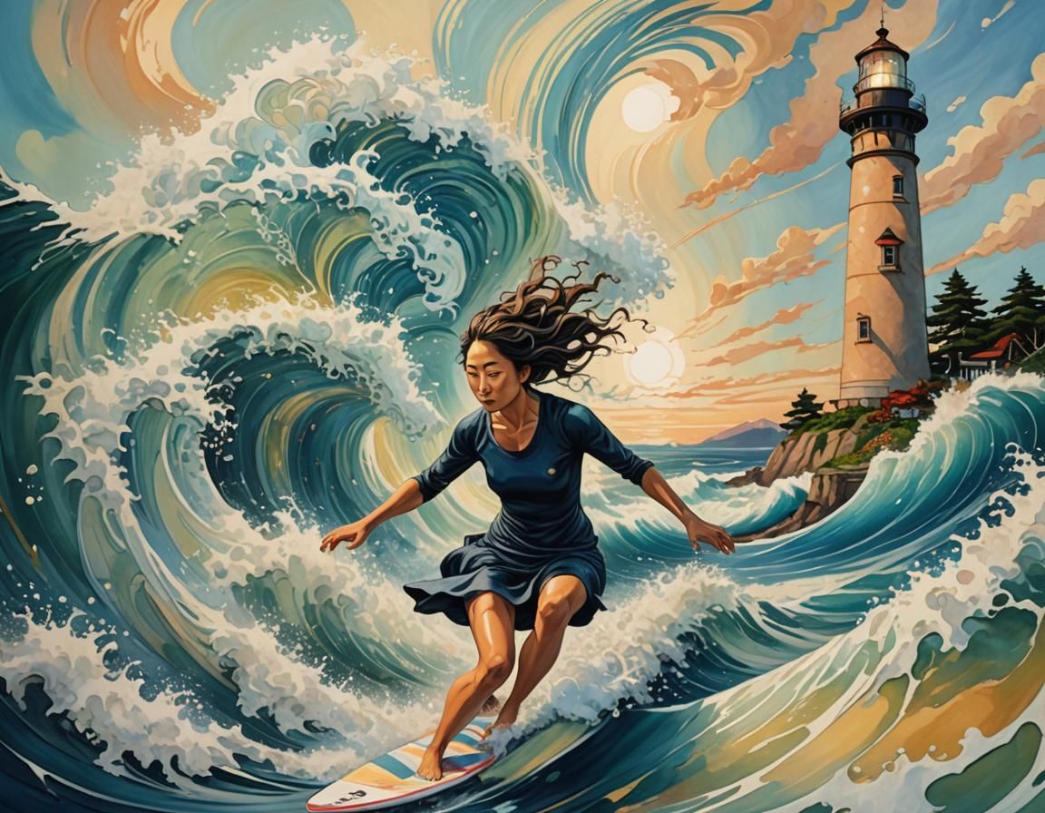 Iridescent Seascape: Woman Surfing in Hokusai Style
