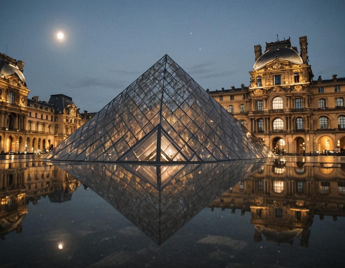 Moon Reflected in Louvre Pyramid: Professional Photography