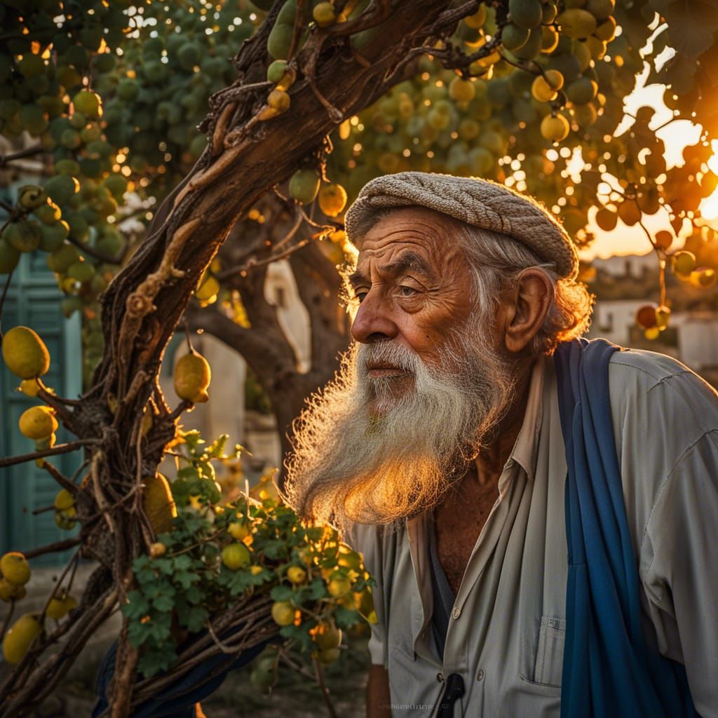 Greek Man Under Vine Tasting Ouzo at Sunset