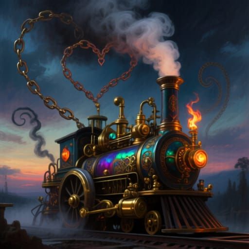 Steampunk Engine in Dramatic Twilight Sky