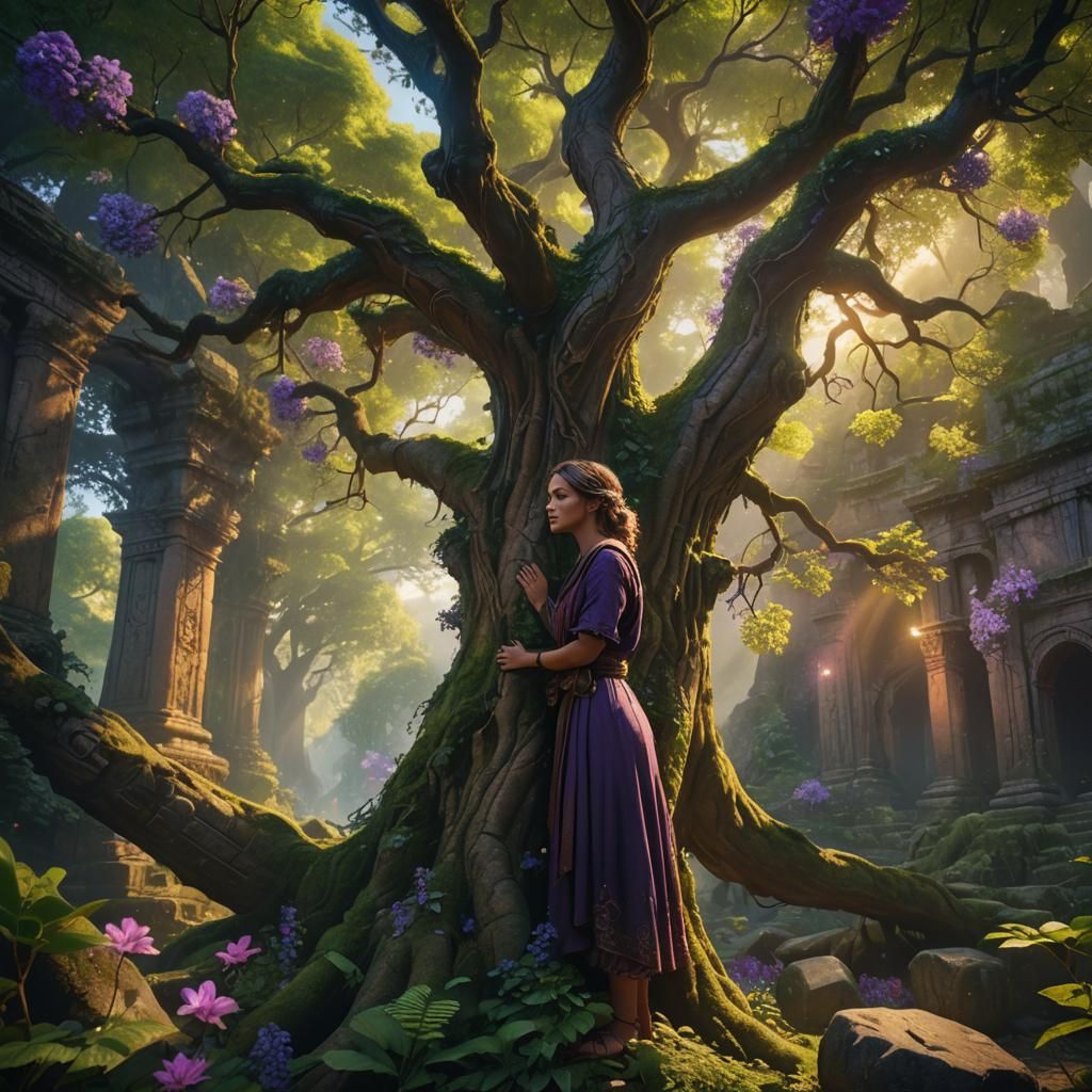 Woman Embracing Glowing Tree in Mystical Forest