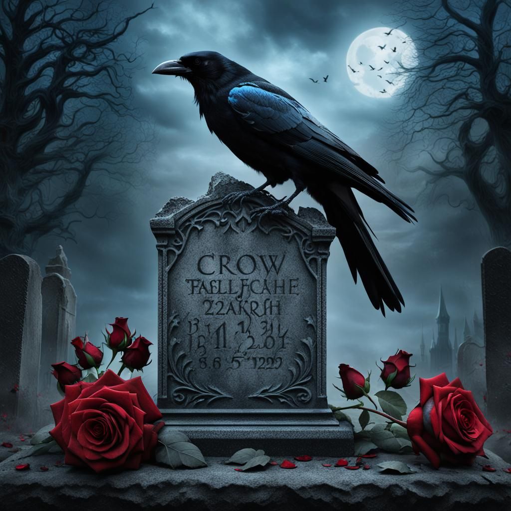 Gothic Gravestone with Crow and Red Rose
