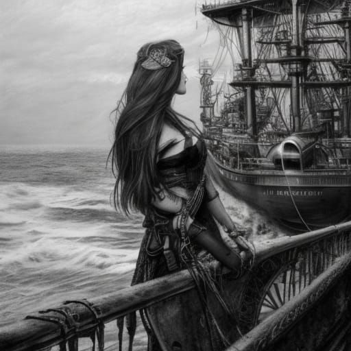 Woman Watching Ship: Steampunk Charcoal Drawing