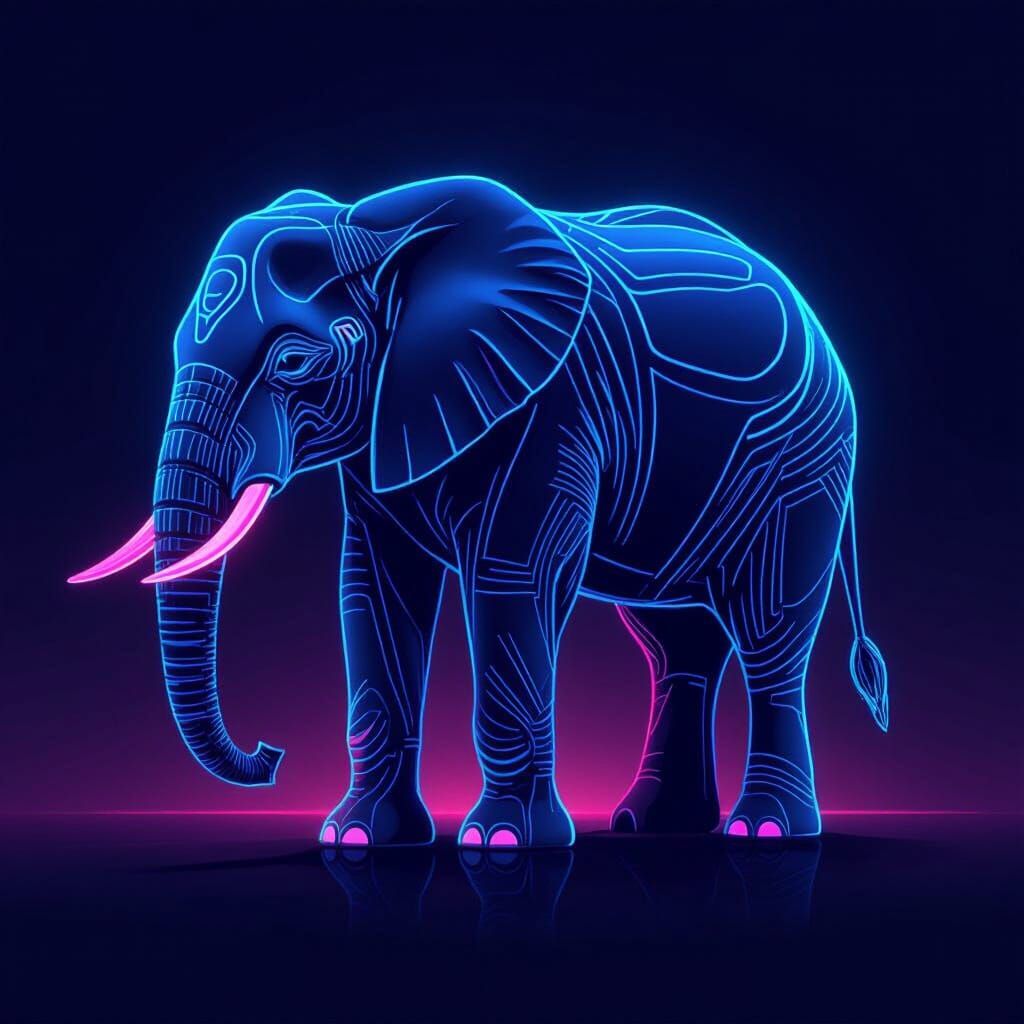 Elephant with Blue Lines in Neon Futuristic Style