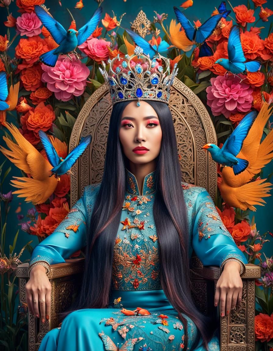 Oriental Woman on Throne with Birds, Hyperrealistic