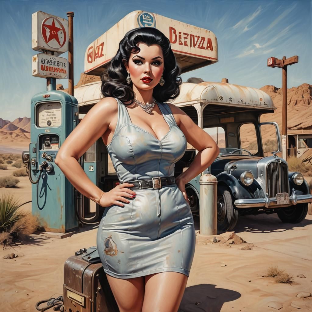 Glamorous Pinup in Desert Gas Station, Acrylic Painting