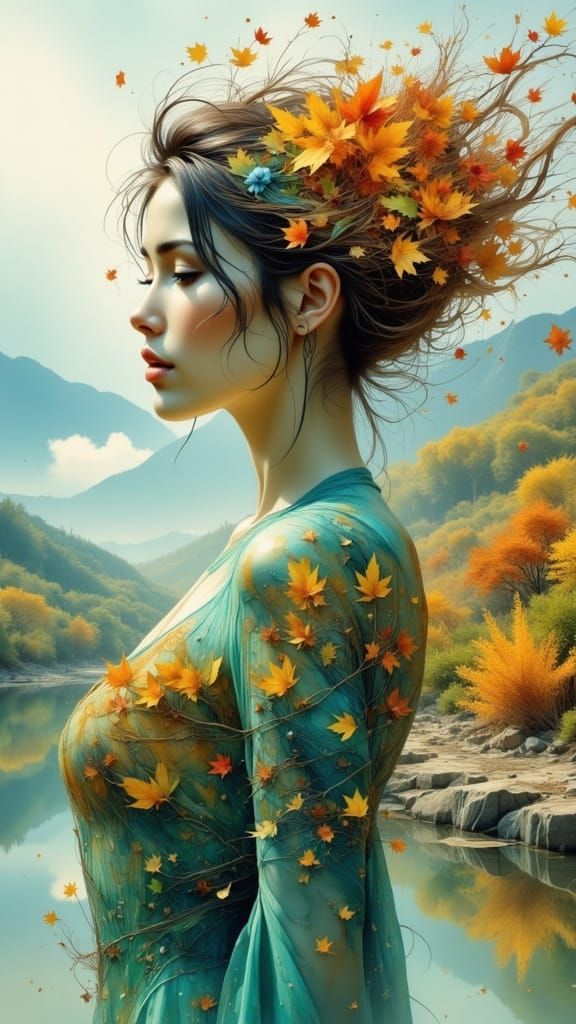 Ethereal Water Nymph in Autumn Landscape