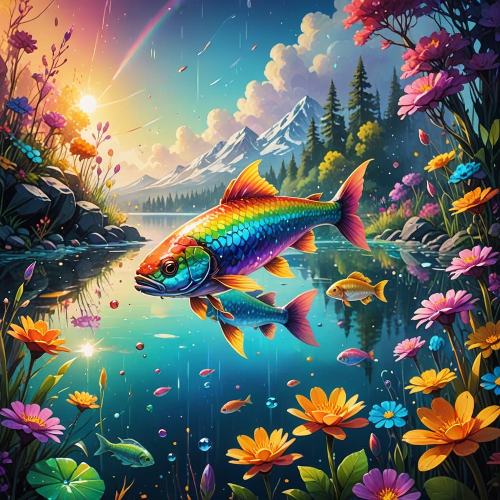 Shimmering Rainbow Fish in Graffiti Art Style