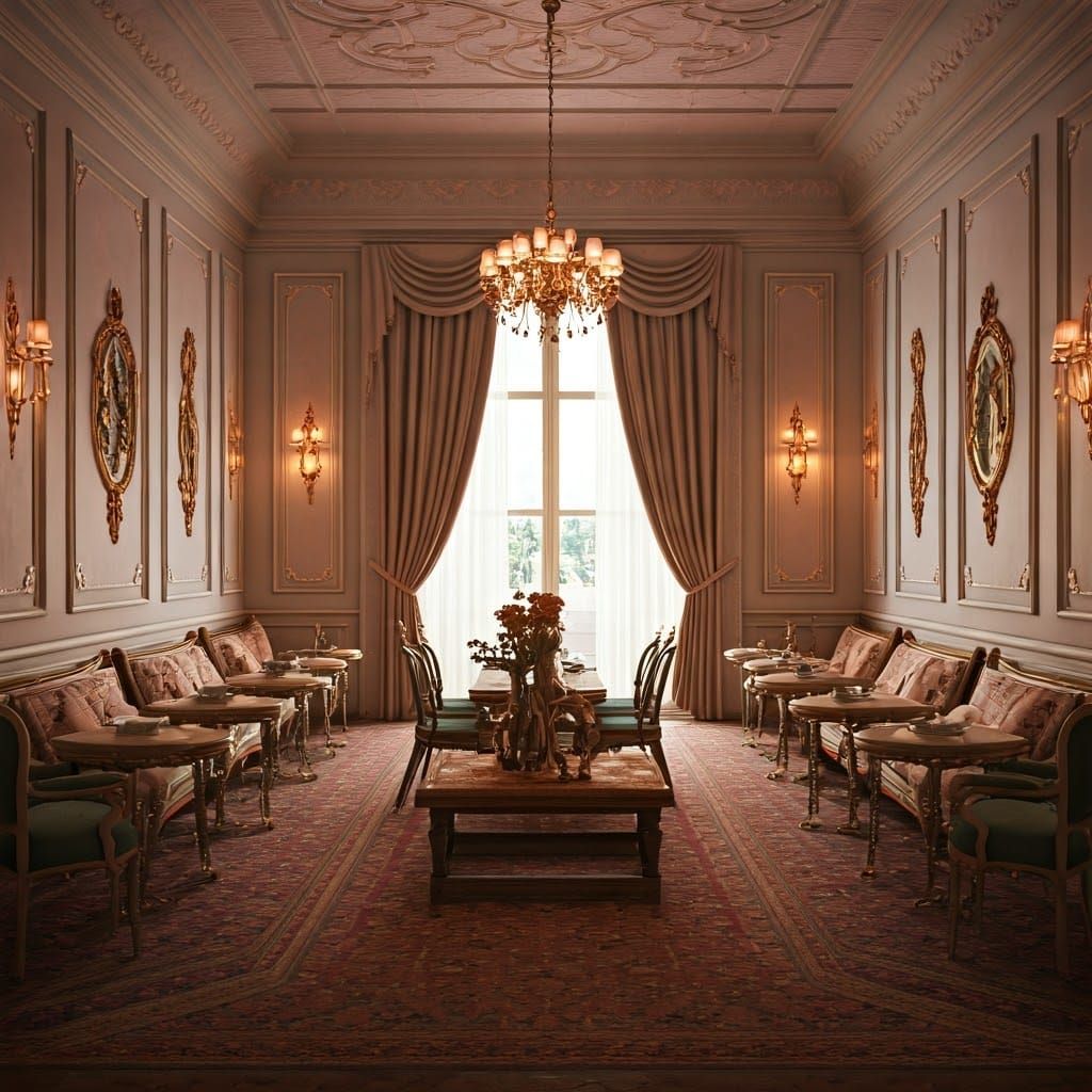 Warmly Lit Interior in Wes Anderson Style