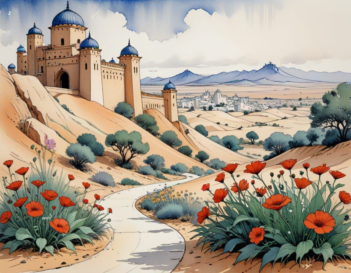 Oriental Palace Amidst a Blooming Desert Oasis