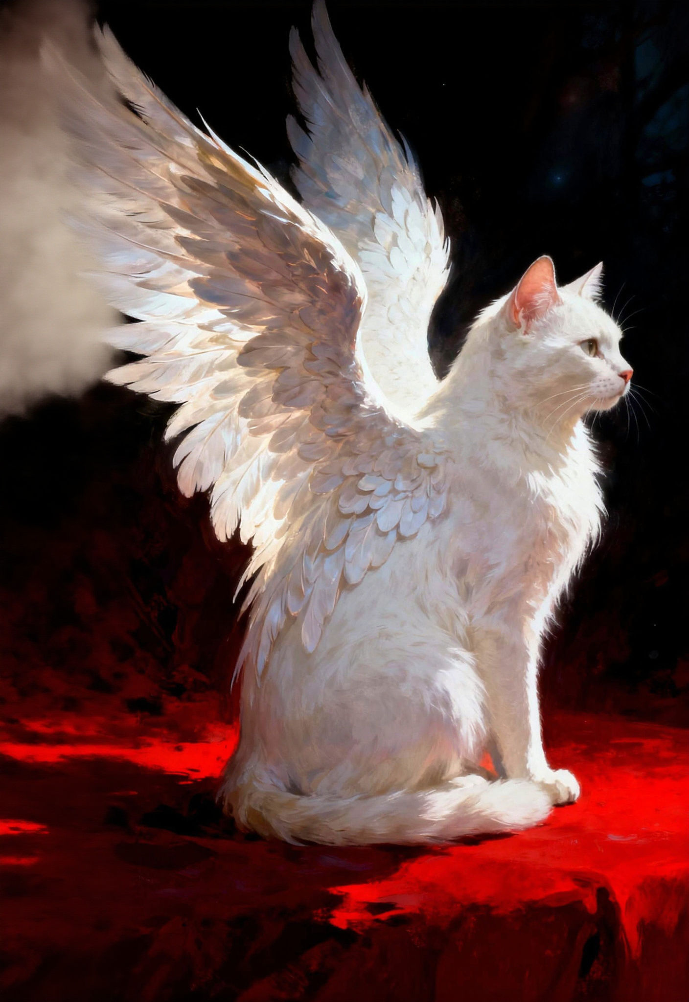 Majestic White Cat with Feathered Wings on Red Surface