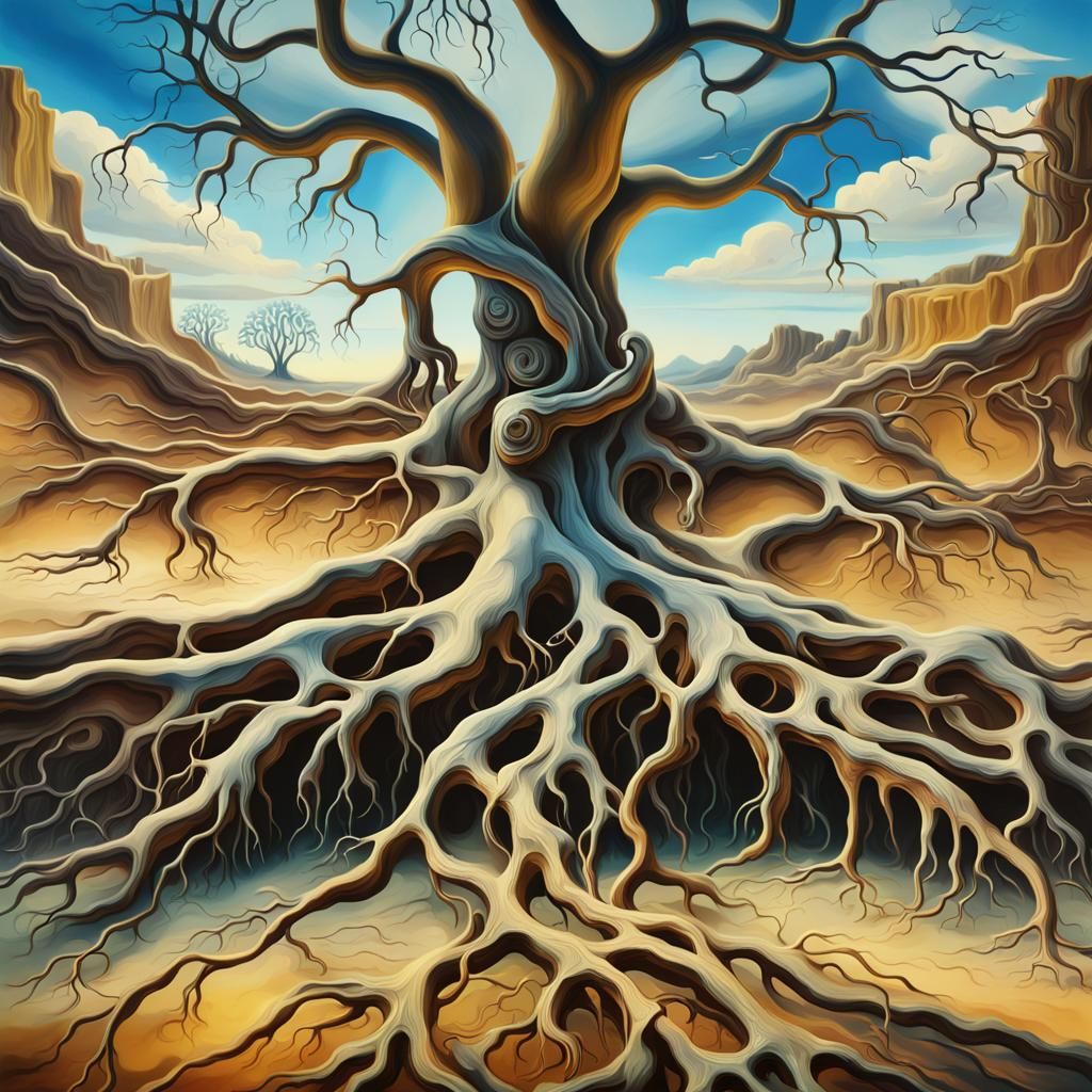 Surreal Interconnectedness: Glowing Tree Roots in Dreamscape