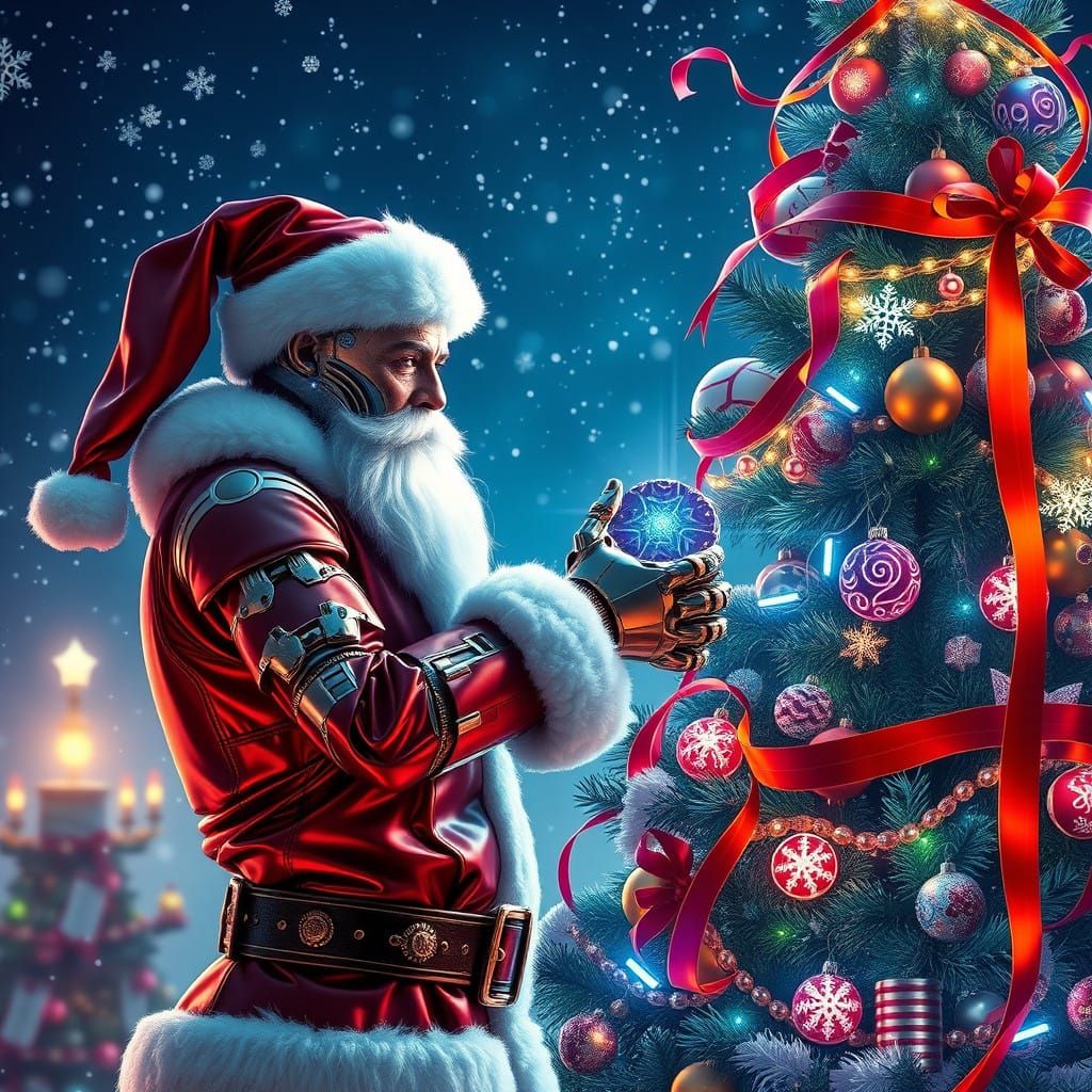 Sleek Robot Santa Claus Adorns Towering Christmas Tree in Wh...