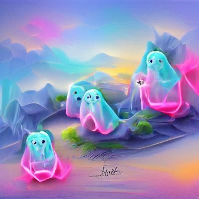 Cute Pastel Neon Ghosts Digital Illustration