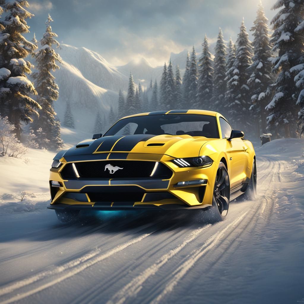 Yellow Mustang on Snowy Road: Detailed Matte Painting