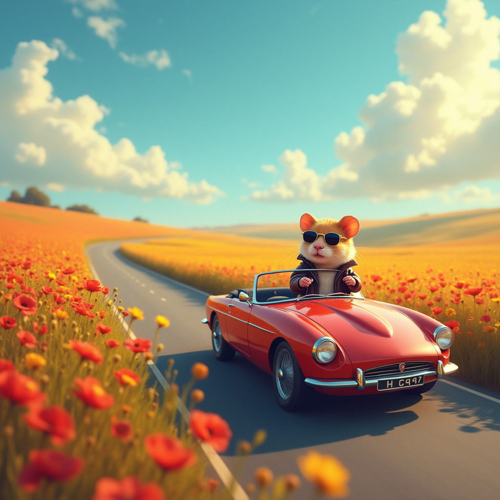 Hamster's Serene Road Trip in a Red Convertible