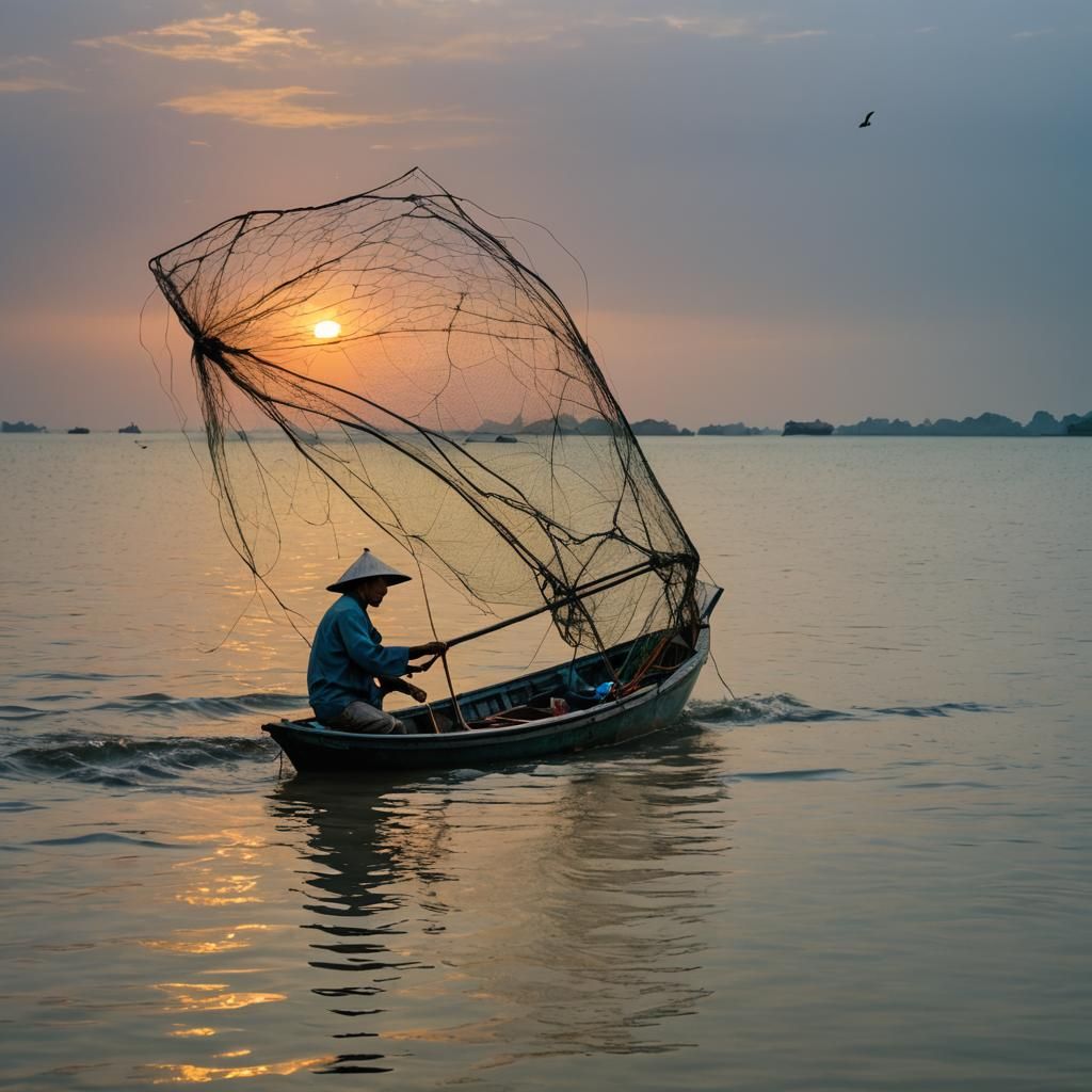 Vietnamese Fisherman Casting Net at Sunrise