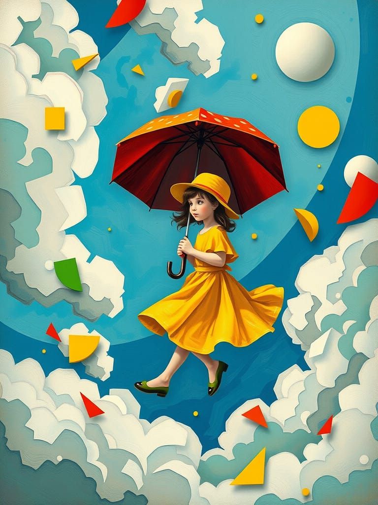 Whimsical Dream Girl in Bright Yellow Sundress and Clouds