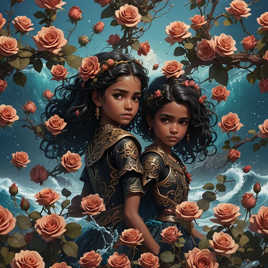 Child with Roses by the Ocean: Detailed Matte Painting