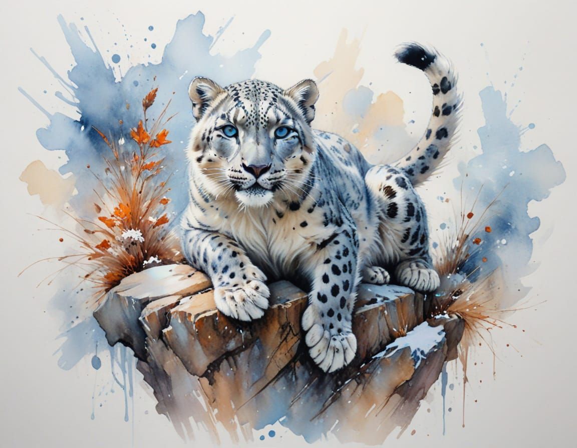Snow Leopard Mid-Pounce in Watercolour Style