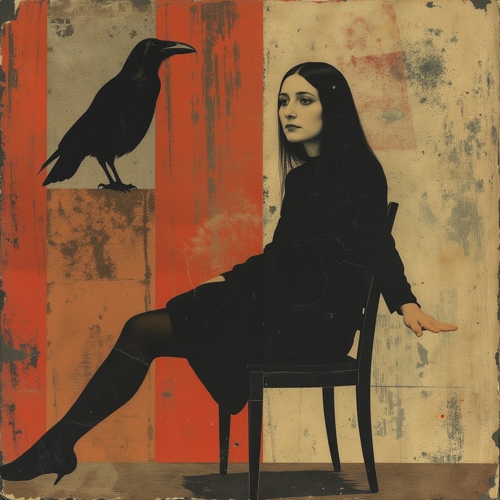 Modigliani-Inspired Woman with Crow and Geometric Backdrop