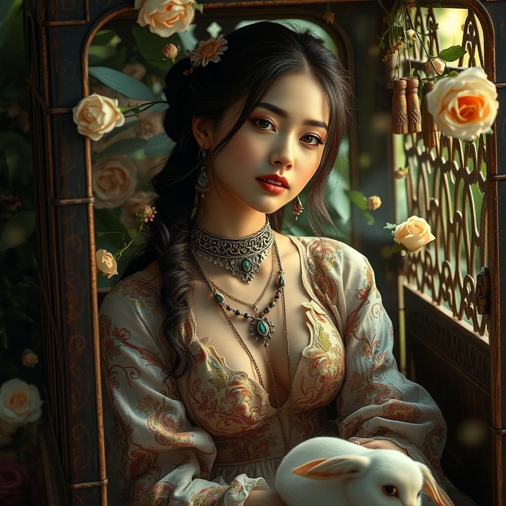 Dreamlike Woman in Crate: Mystical Realism Portrait