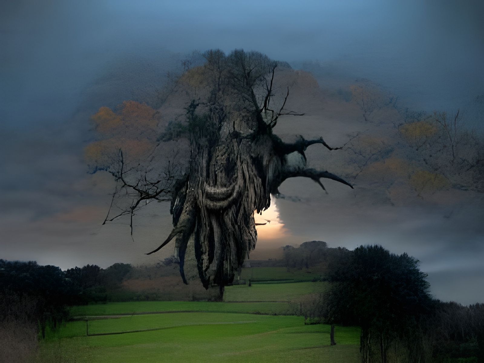 Eerie Haunted Tree at Dusk in Hyperrealism