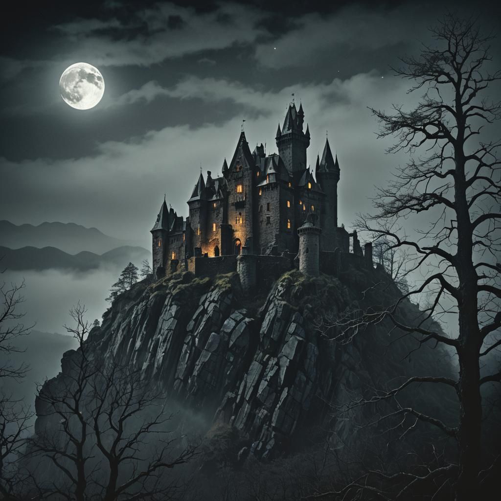 Eerie Castle on Black Rock in Dark Fantasy Art