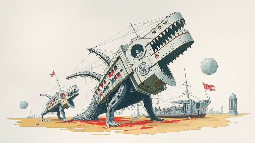 Sinister, Eerie, Red Mechanical Demon Ship Emerges from Bloo...