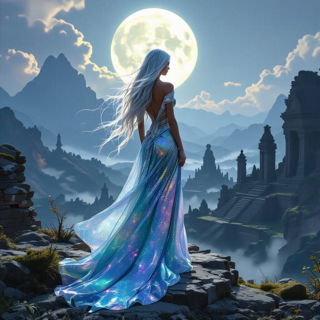 Moonlit Woman Overlooking Ancient Ruins
