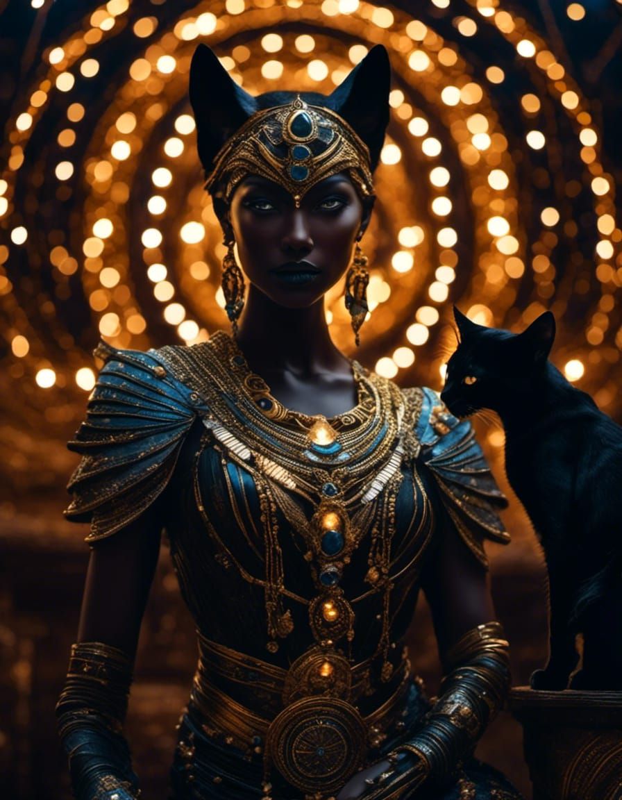 Elegant Bastet: Egyptian Cat Goddess in Macabre Style