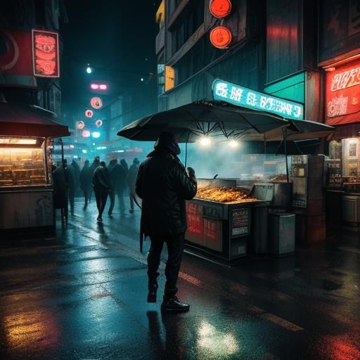 Cyberpunk Street Food Stall at Night