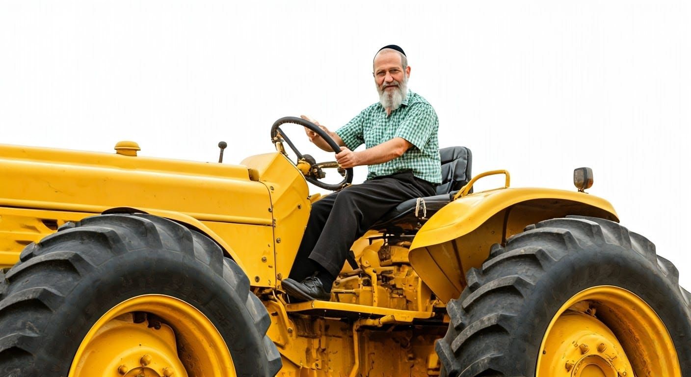 Hassidic Man on Tractor, Photorealistic Digital Art