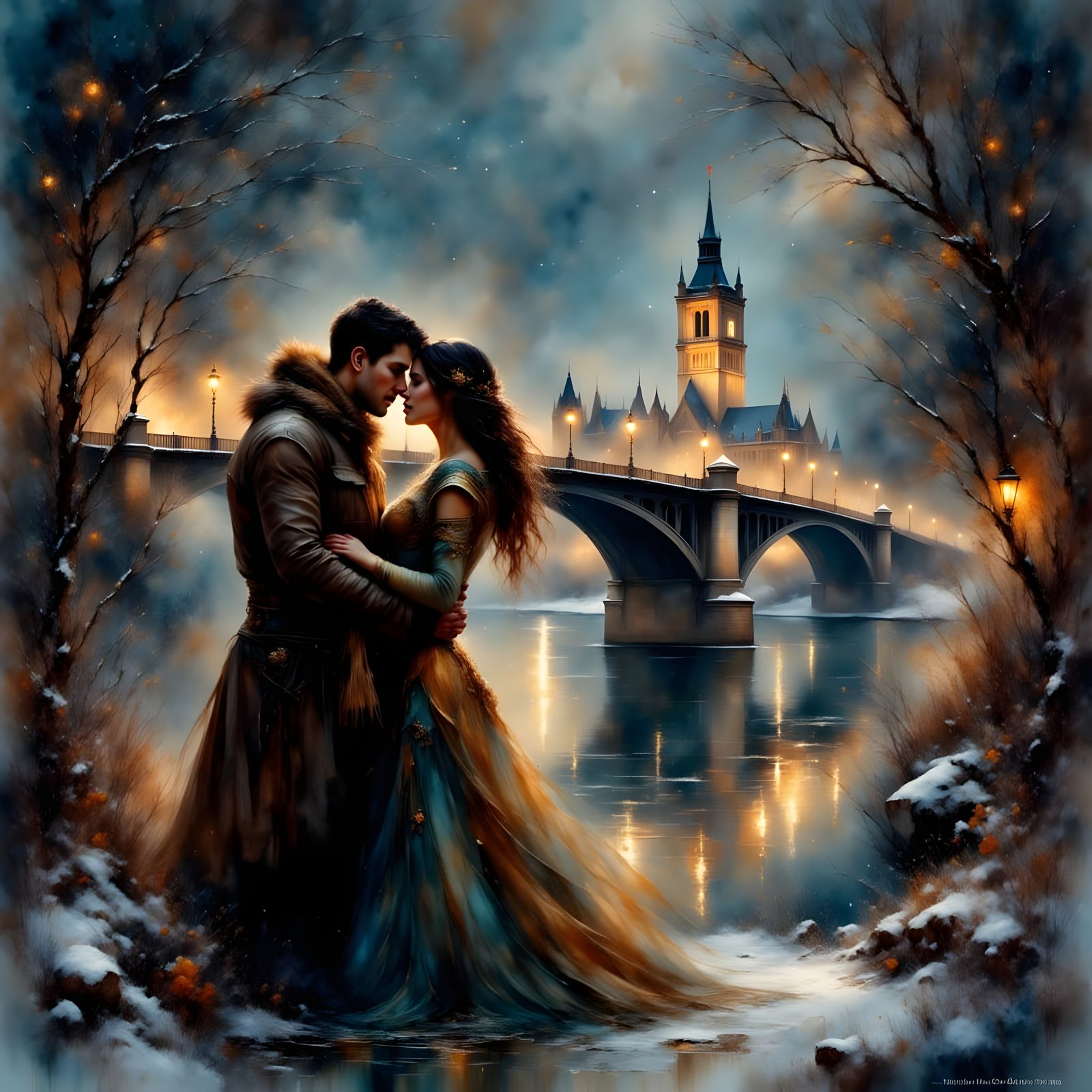 Romantic Couple's Snowy Embrace in Impressionist Style