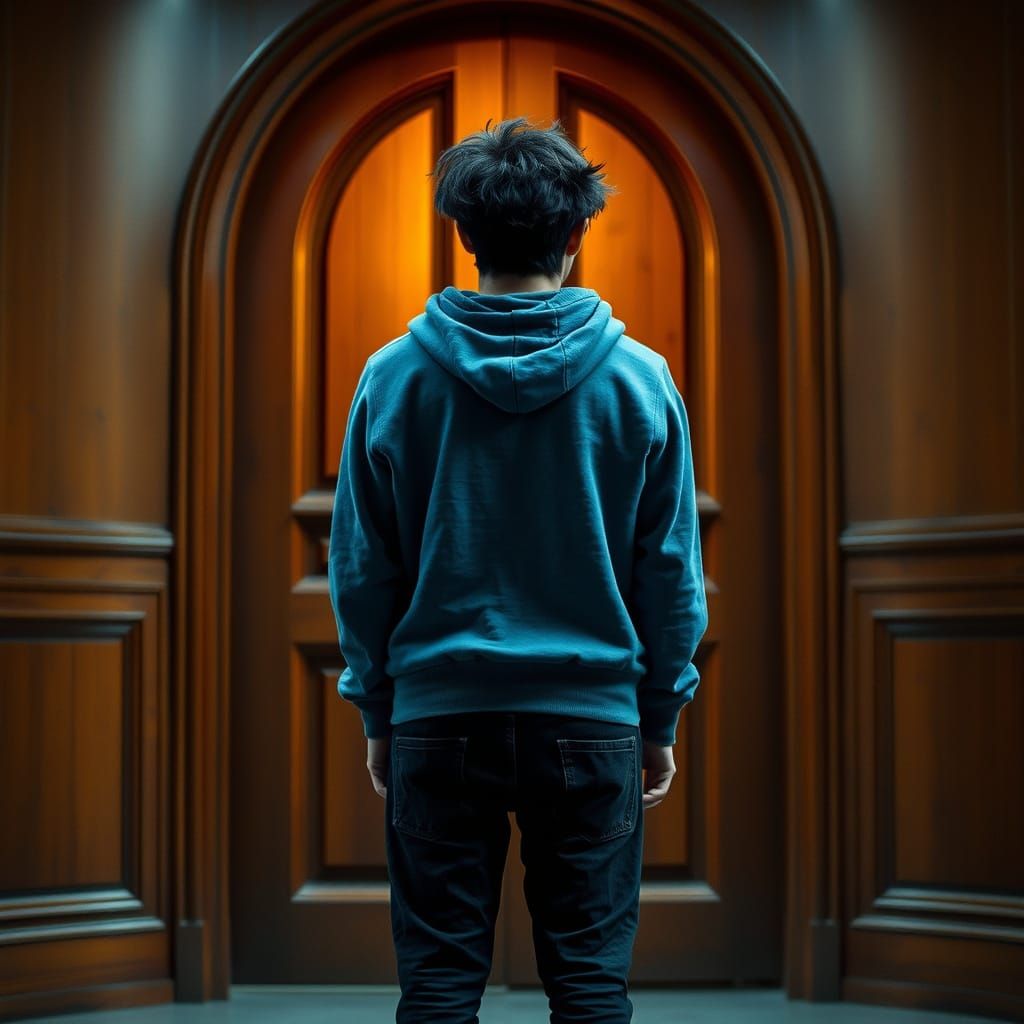 Young Man Contemplates in Front of Warm Wooden Door