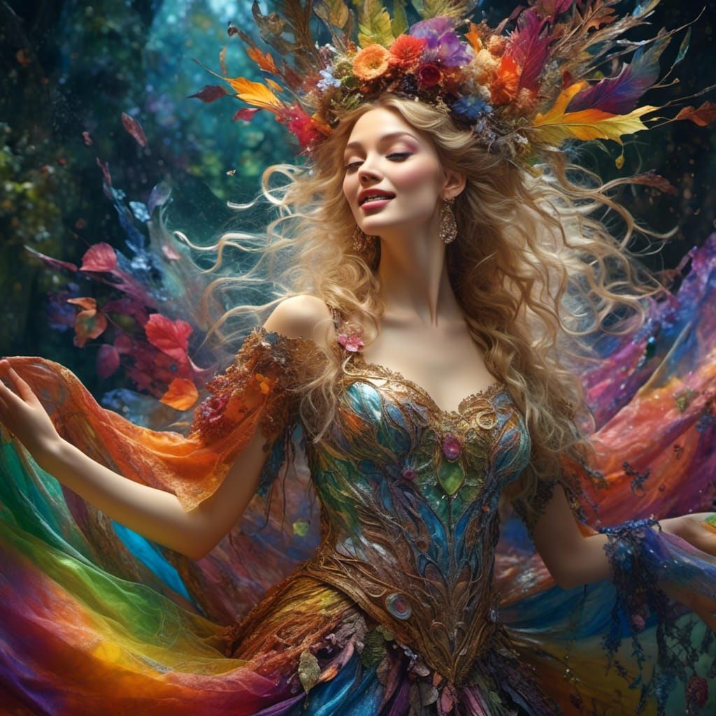 Rainbow Party Girl Ready to Dance, Art Nouveau Style