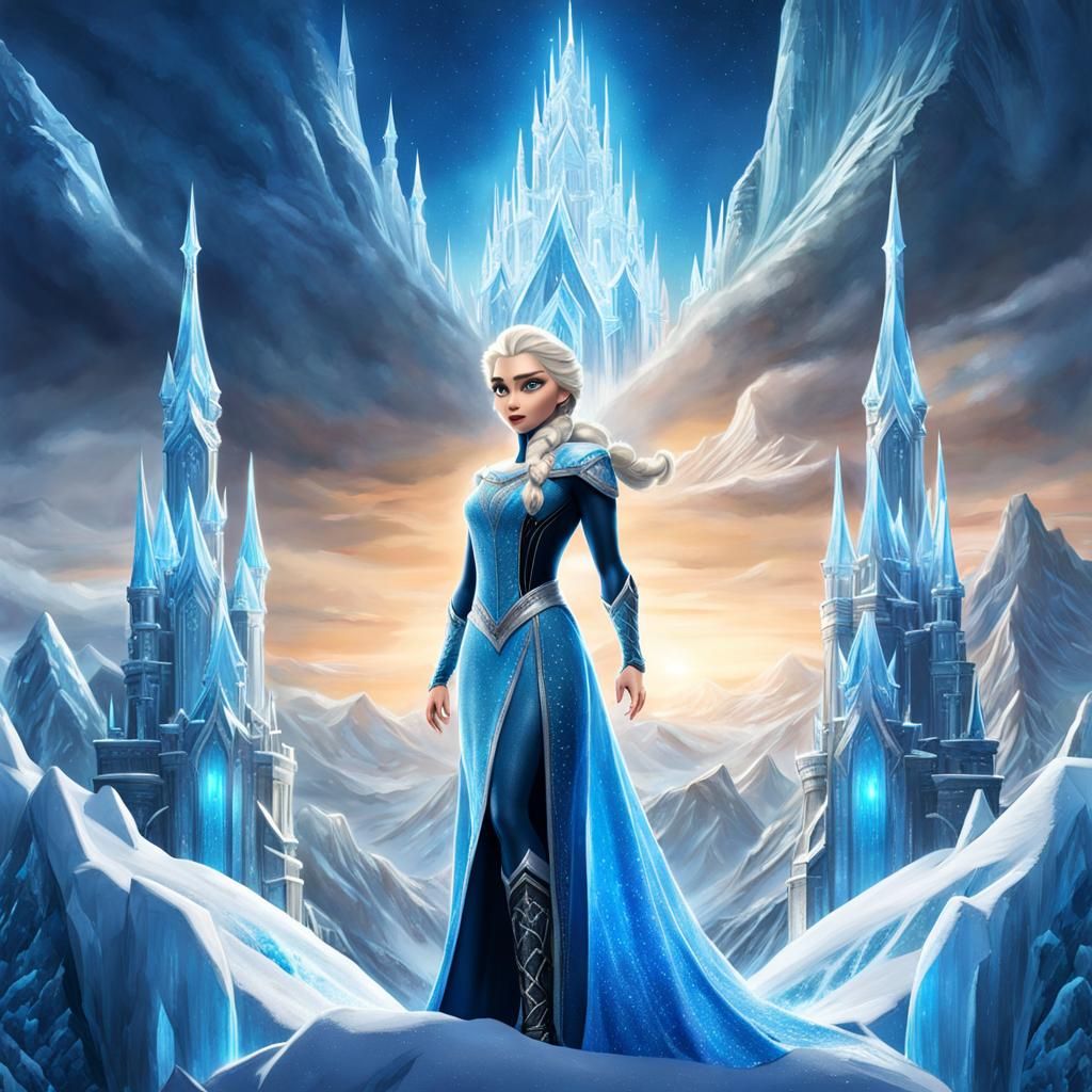 Powerful Ice Warrior on Snowy Mountain, Digital Art