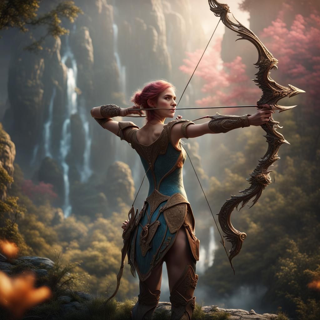 Hunter Aims Bow at Fairy, Detailed Matte Painting