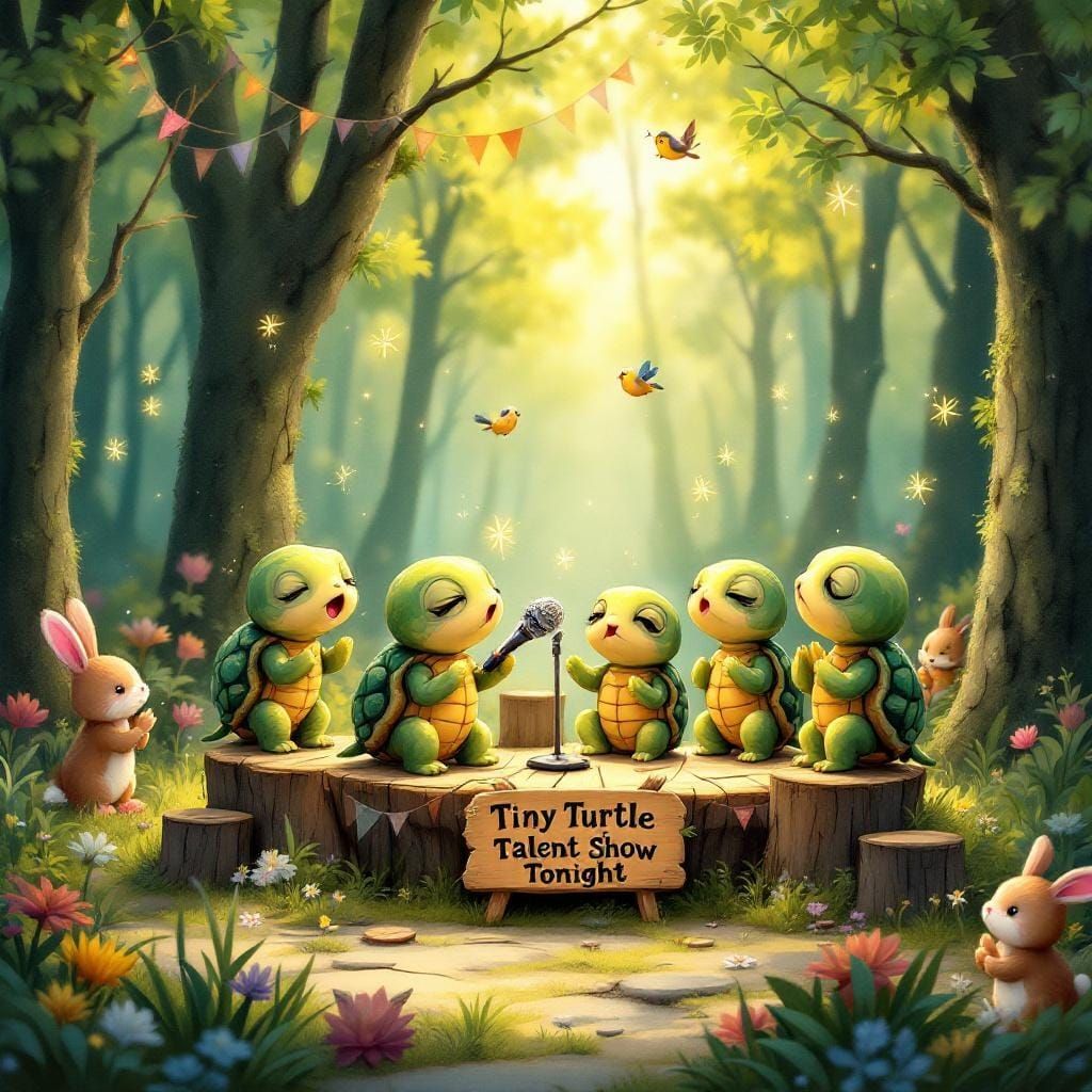 Tiny Turtle Talent Show in Forest Clearing