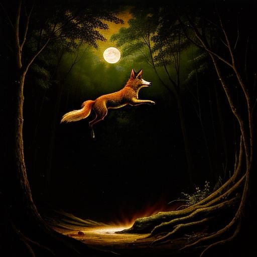 Red Wolf Leaping in Forest, 16th Century Oil Painting